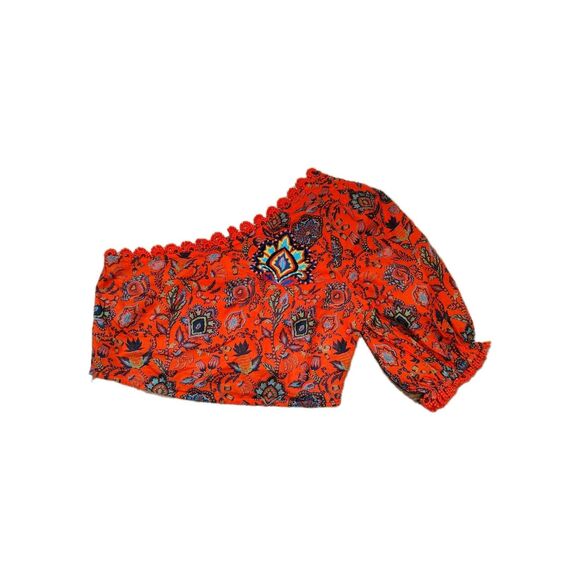 Farm Rio One Shoulder Puff Sleeve Boho Crop Top Red Paisley Floral Embroidered S - Picture 2 of 13